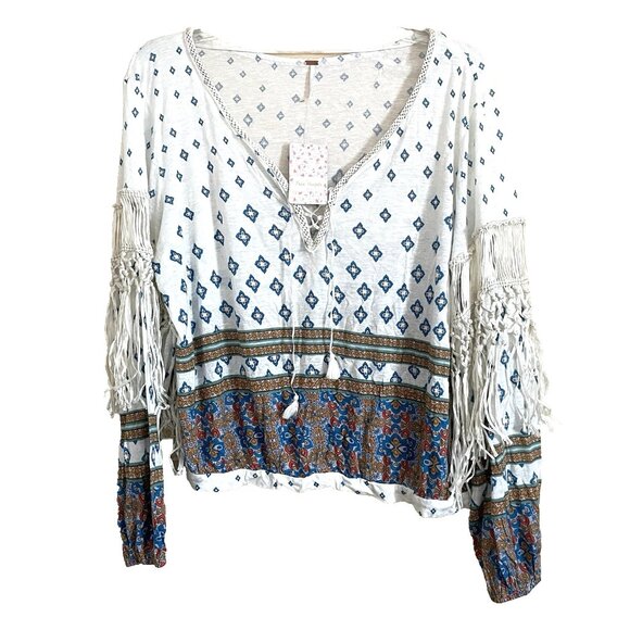 Free People Macra Maze Me Oversized Pullover Top Medium Fringe Boho Festival - Picture 4 of 15